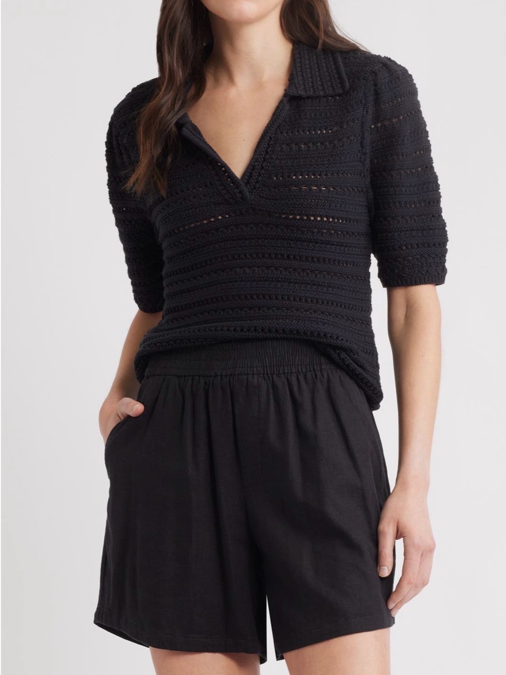 Caslon Black Crochet Knit Polo Top